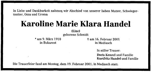 Schmidt Karoline Maria Klara 1910-2001 Todesanzeige